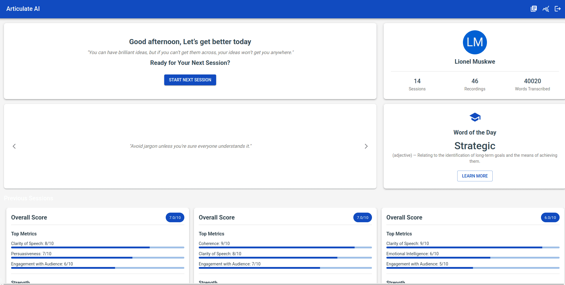 Articulate AI dashboard with session scores and speech metrics