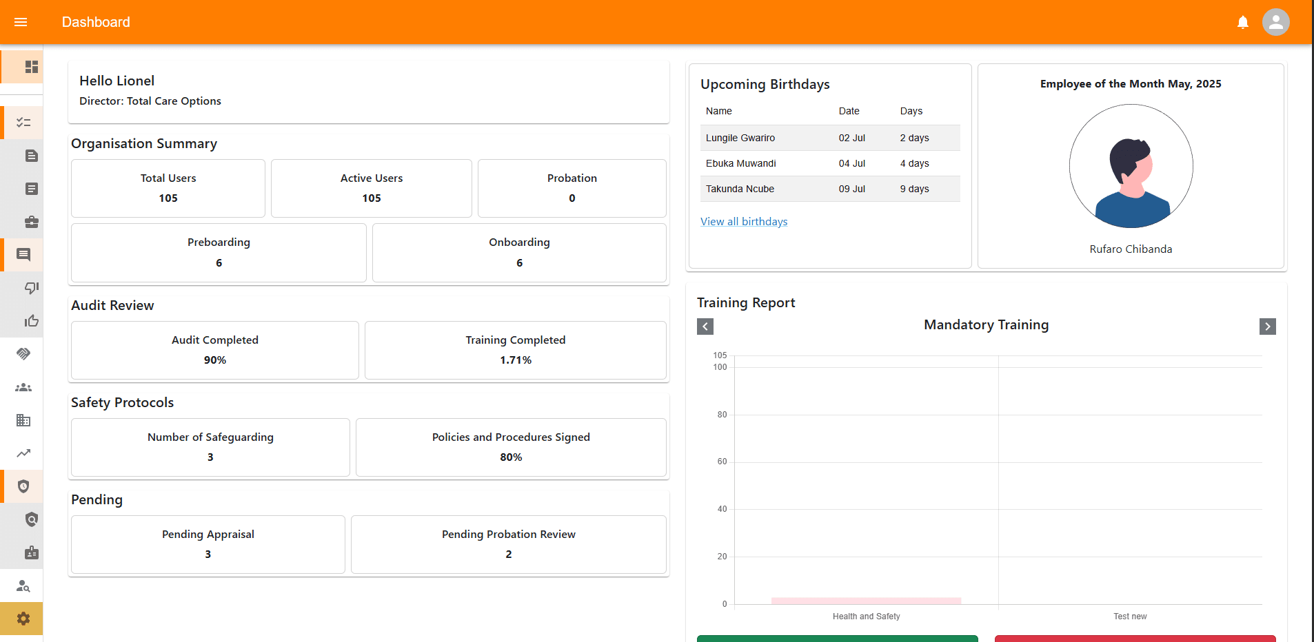 CCP dashboard showing organisation summary, audit review, and training report (demo data)