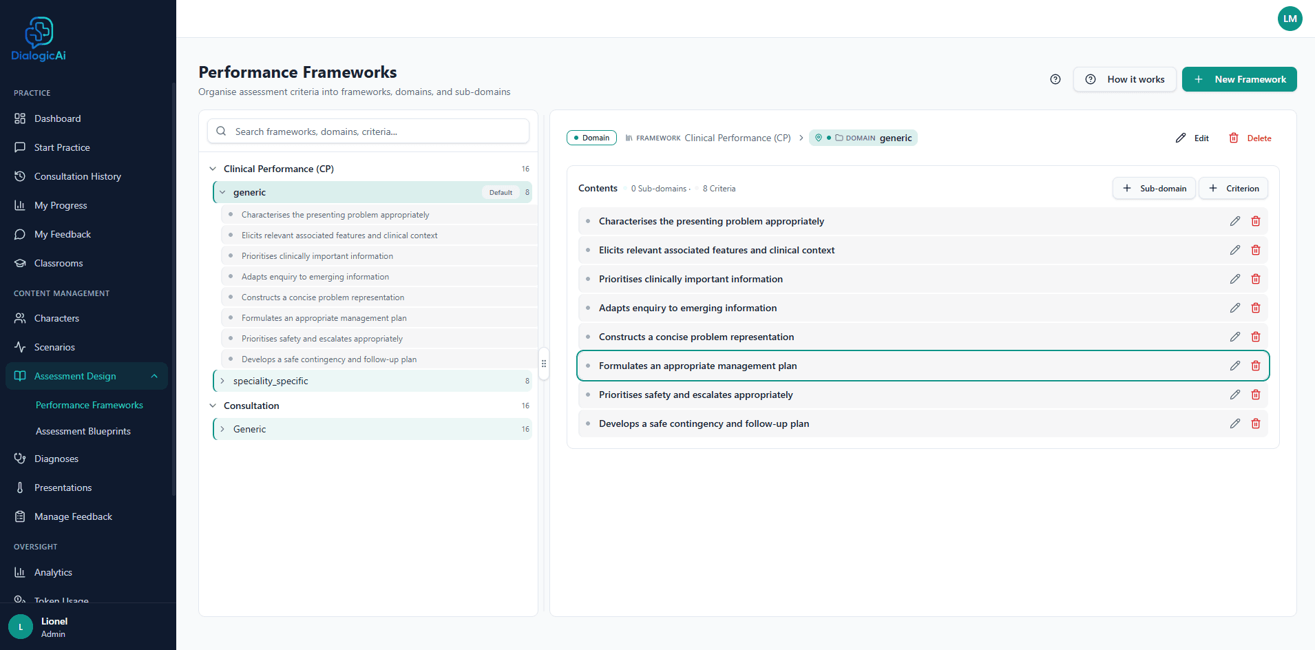 Assessment design view showing a clinical performance framework broken into domains, sub-domains and individual scoring criteria